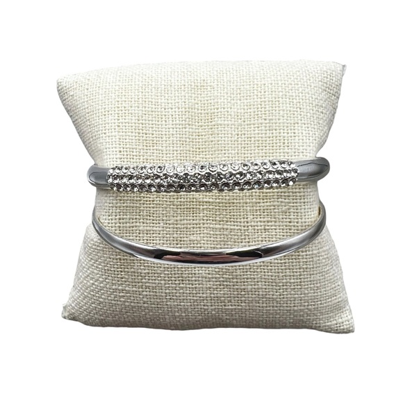 Silver Tone Pave Rhinestone & Solid Stacking Bangle Bracelets - Picture 2 of 10